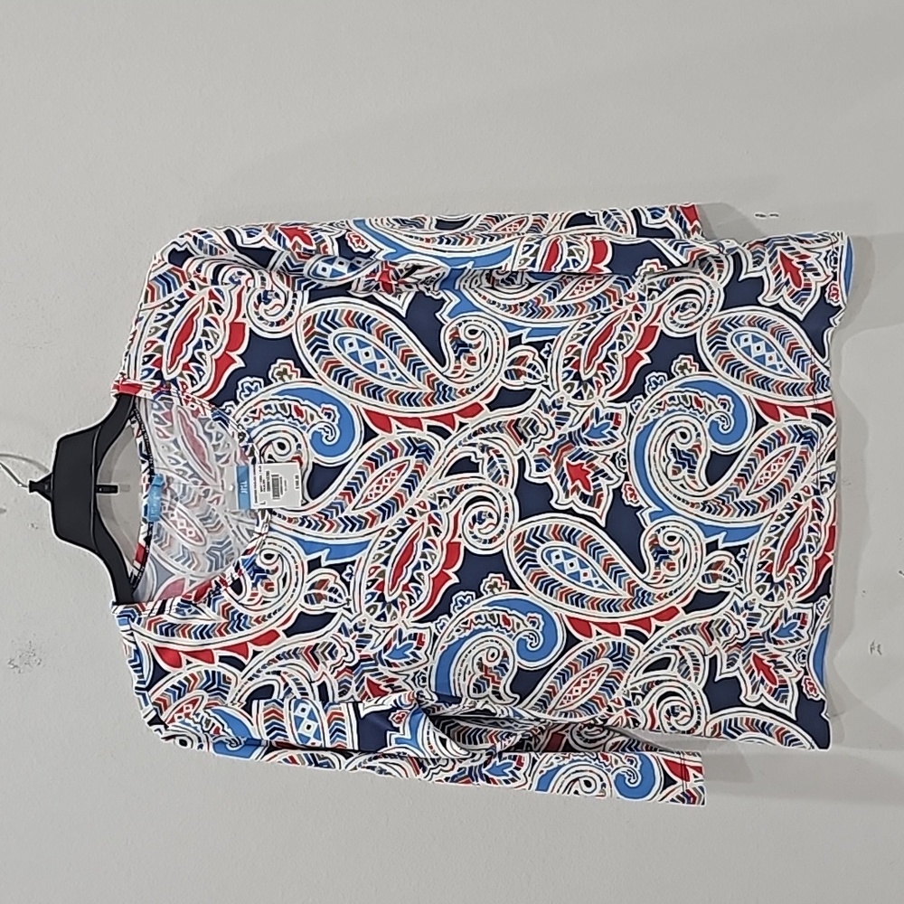 J McLaughlin Top Womens  Orange Blue red  Paisley  3/4 Sleeve Stretch  Size L
